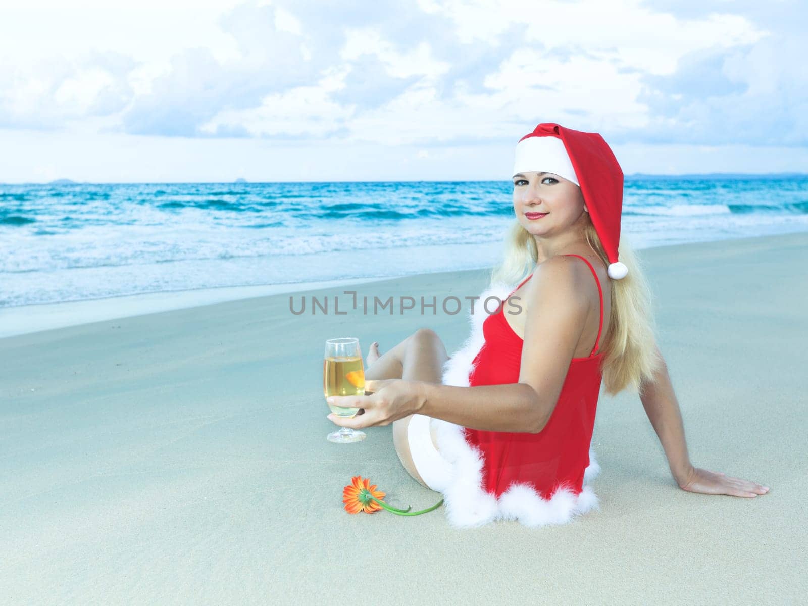 Sexy Santa&#039 s helper at the tropical beach