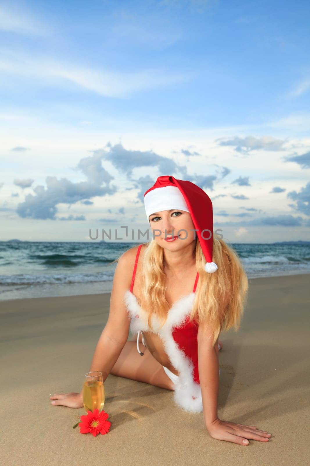 Sexy Santa&#039 s helper at the tropical beach