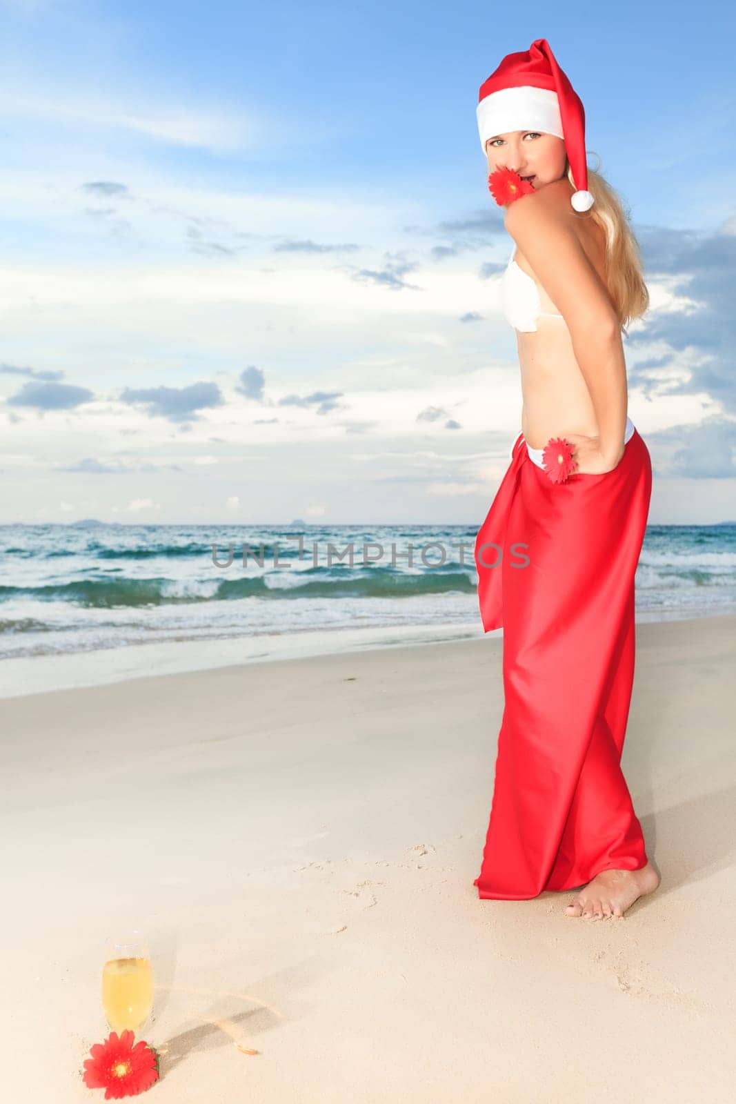 Miss Santa celebrates Christmas at the tropical beach