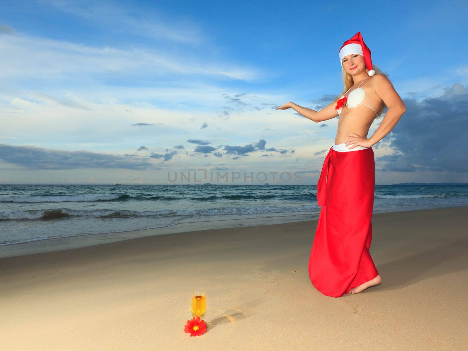Miss Santa celebrates Christmas at the tropical beach