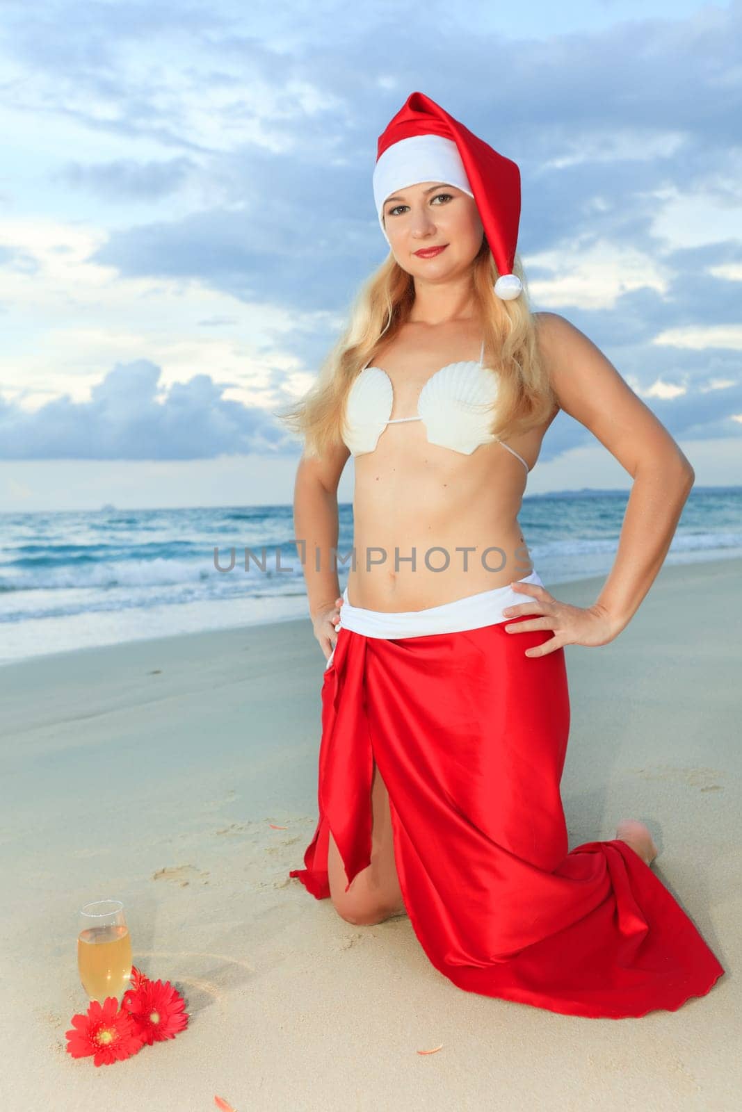 Miss Santa celebrates Christmas at the tropical beach