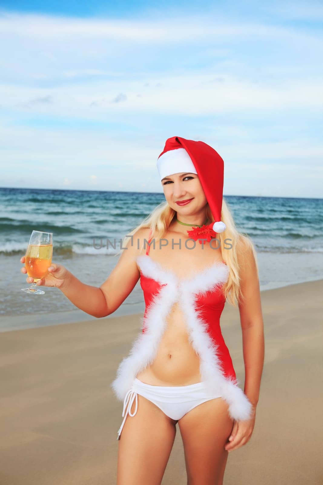 Sexy Santa&#039 s helper with glass of champagne