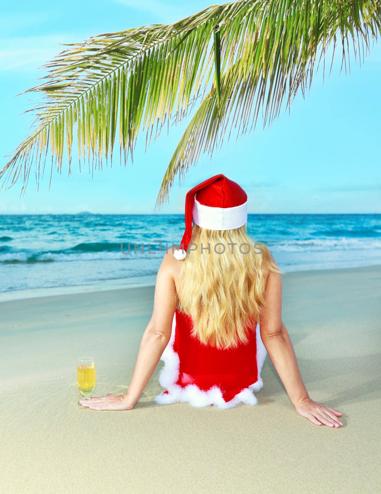 Miss Santa sitting near the ocean with glass of wine