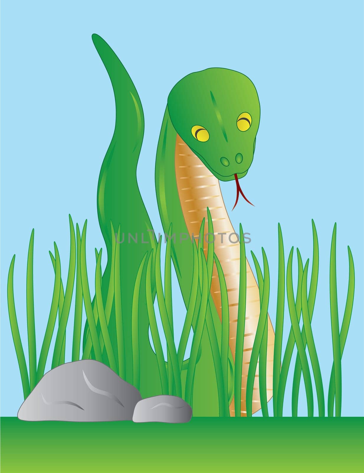 Slithering Green Snake Among Grass Illustration