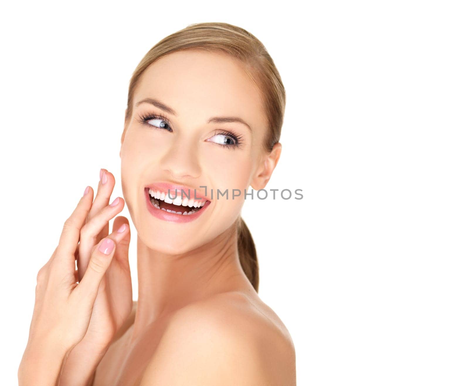 Portrait of beautiful woman on white background
