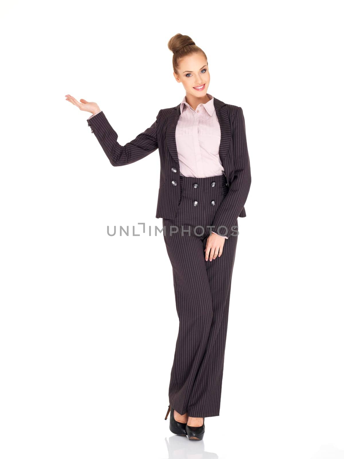 Business woman showing copy space isolated over a white