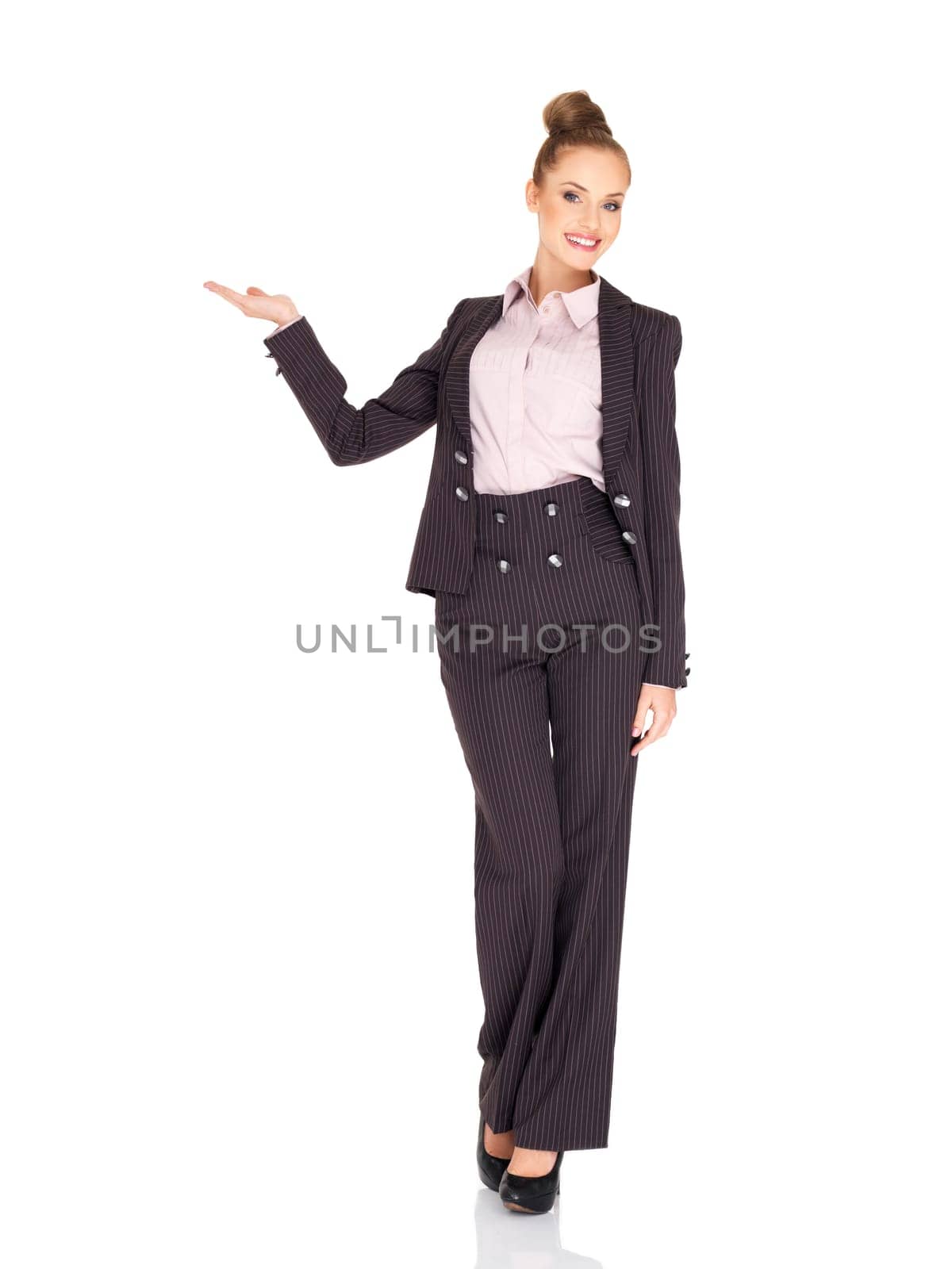 Business woman showing copy space isolated over a white