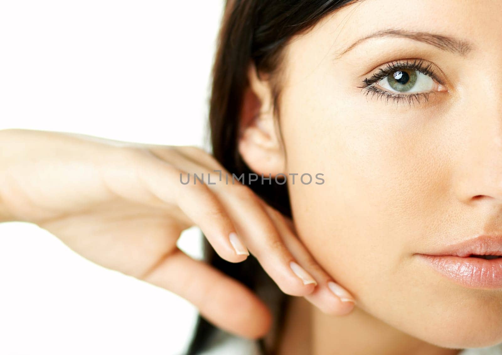 Portrait of Fresh and Beautiful brunette woman on white background wearing white bathrobe