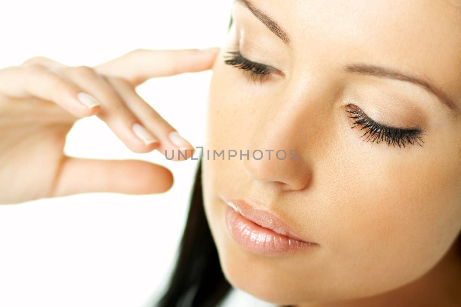 Portrait of Fresh and Beautiful brunette woman on white background wearing white bathrobe