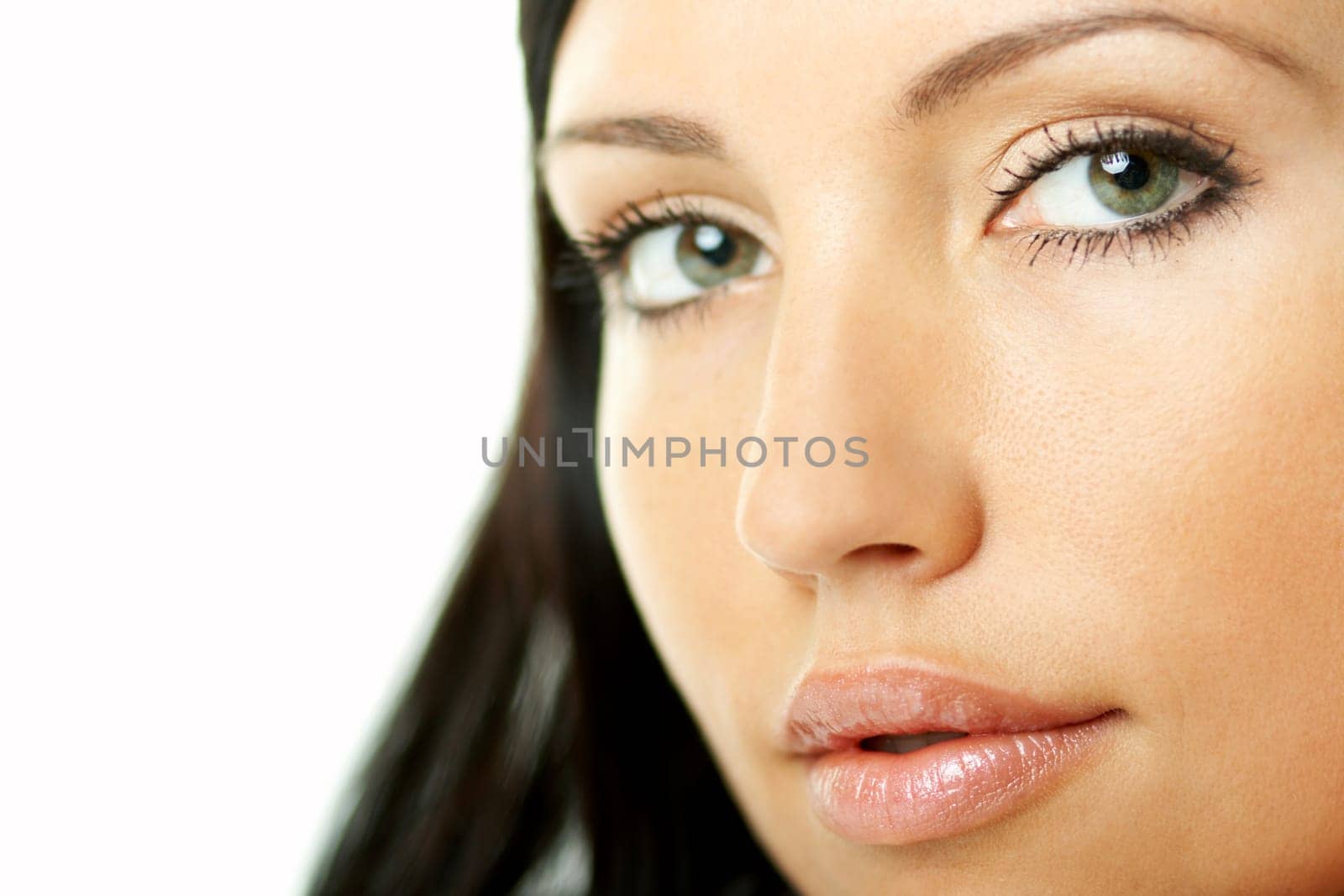 Portrait of Fresh and Beautiful brunette woman on white background wearing white bathrobe