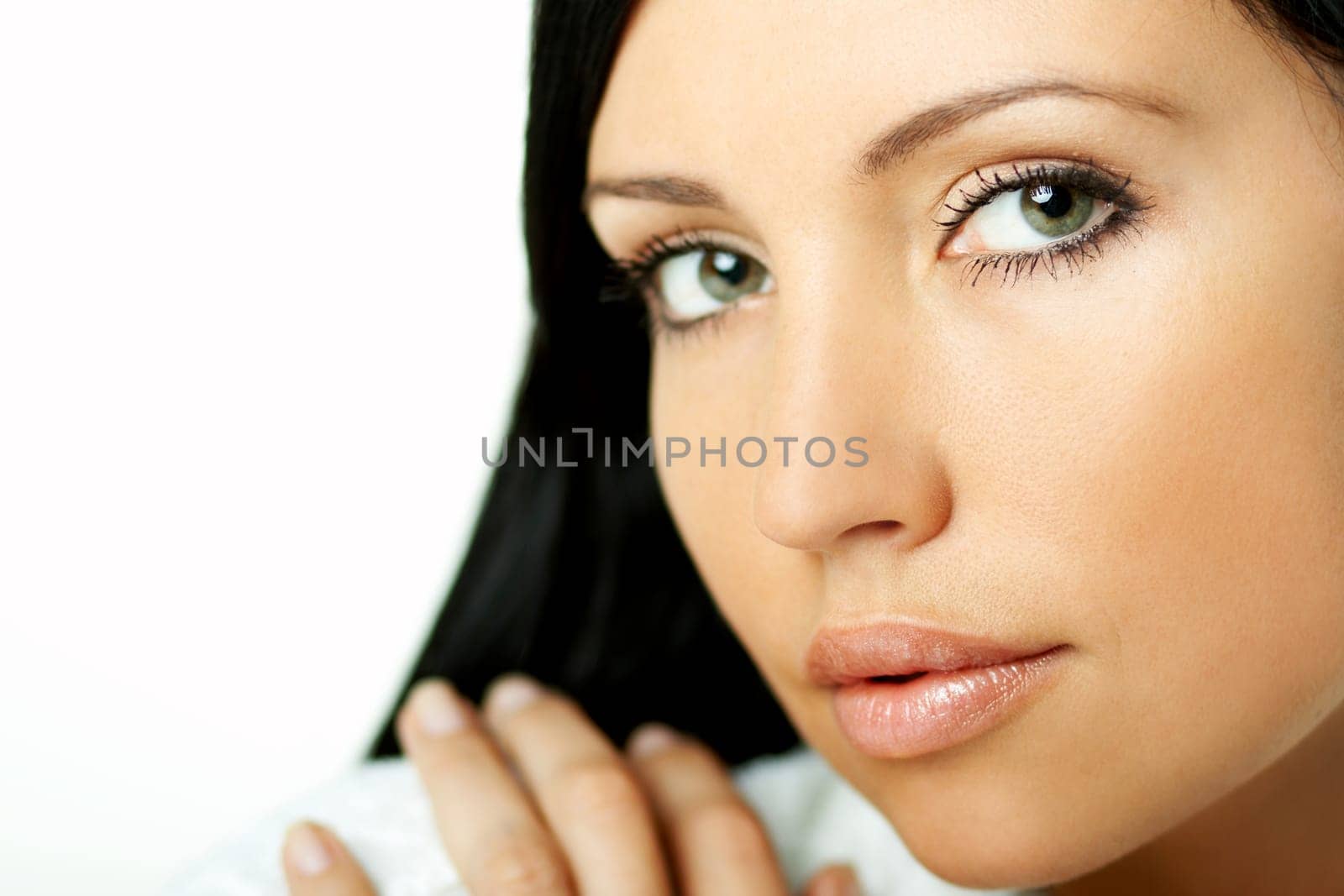 Portrait of Fresh and Beautiful brunette woman on white background wearing white bathrobe