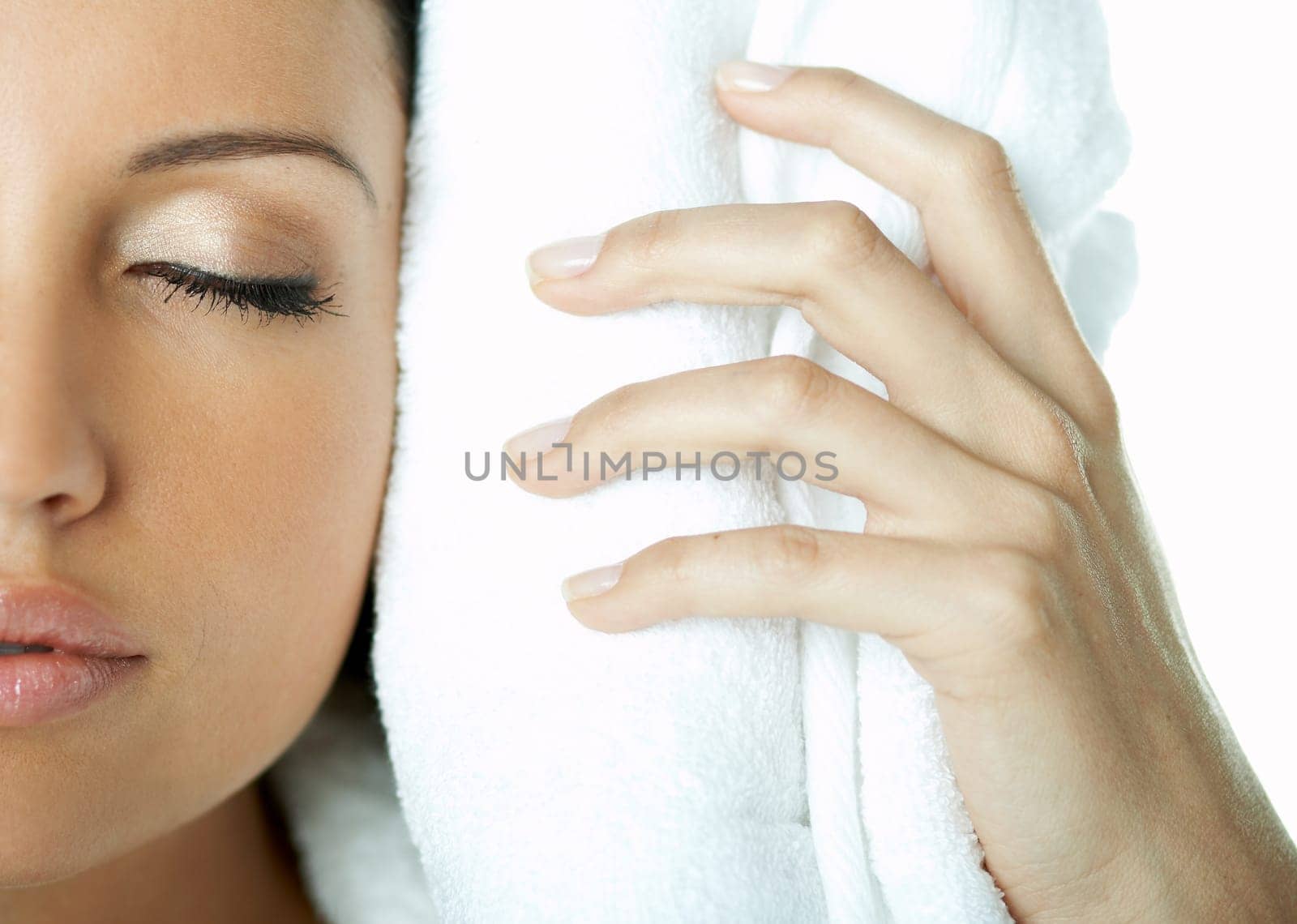 Portrait of Beautiful brunette woman doing daily morning routines (the make up series)