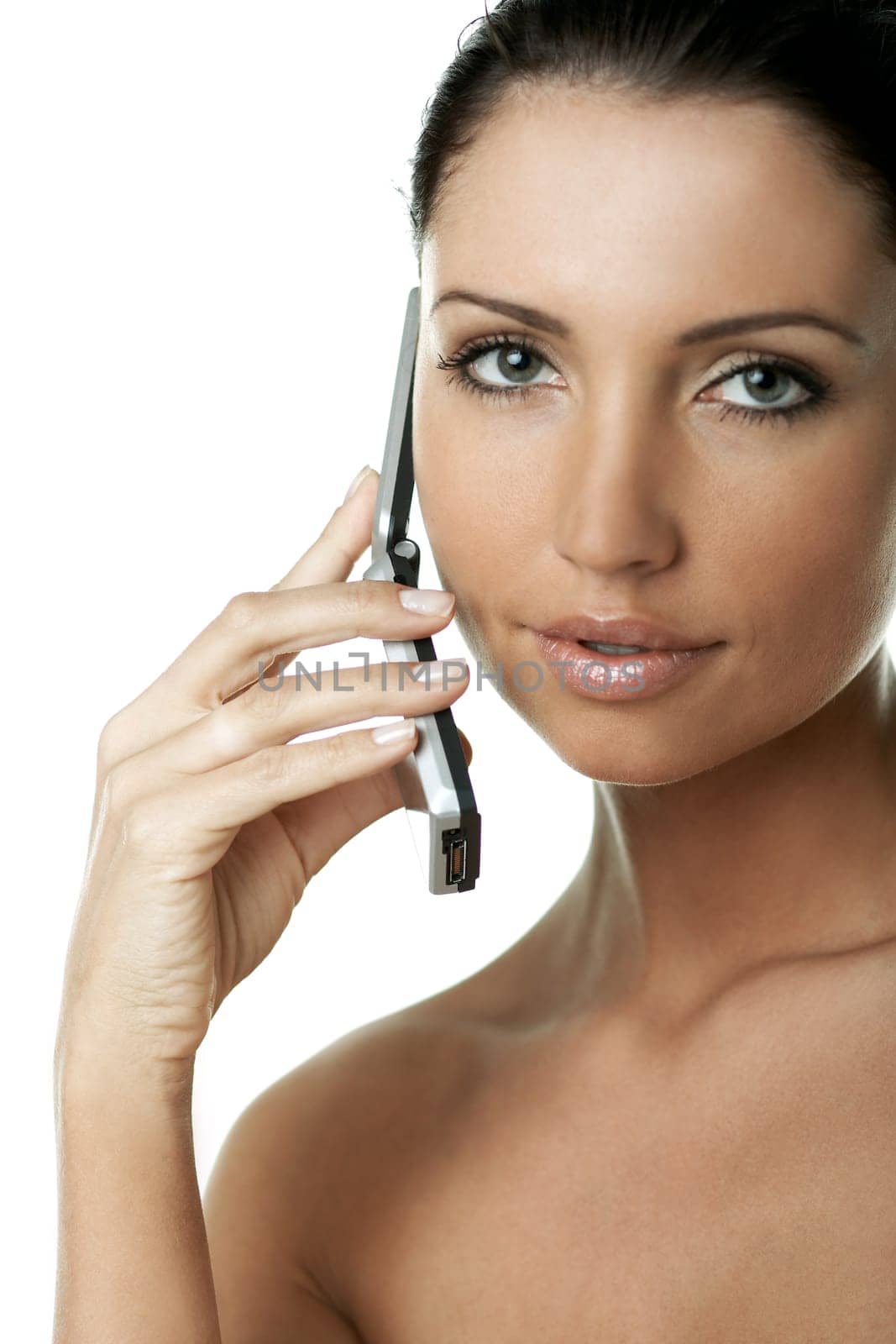 Portrait of Fresh and Beautiful brunette woman using cell phone