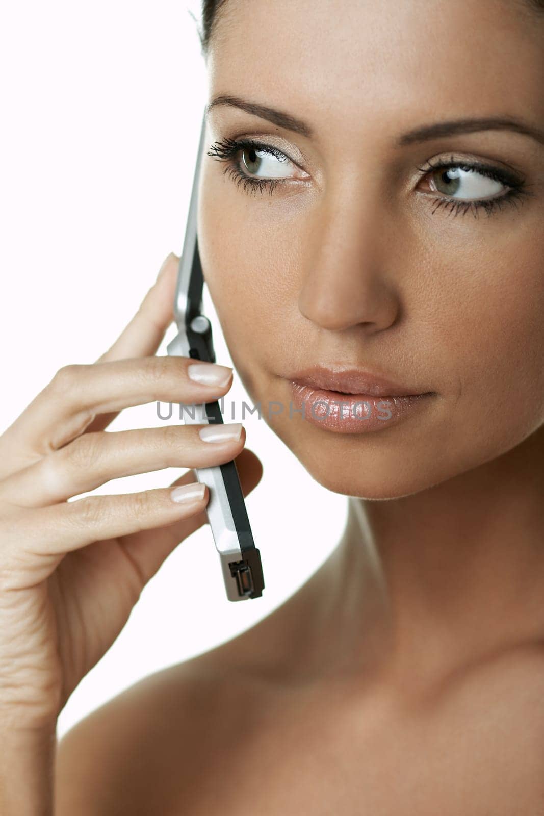 Portrait of Fresh and Beautiful brunette woman using cell phone