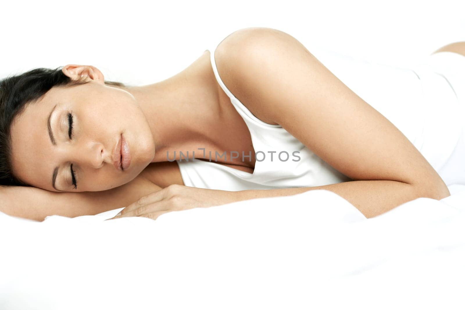 Portrait of Fresh and Beautiful brunette woman on bed