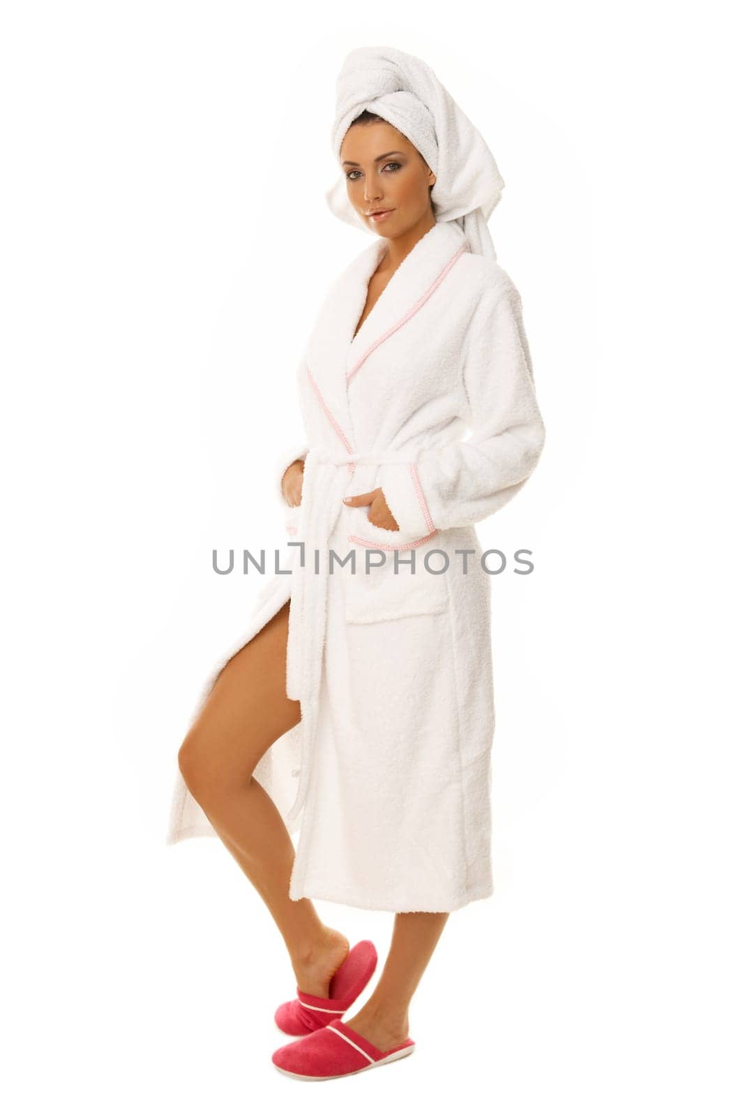 Portrait of 20-25 years old beautiful woman wearing towel on her head