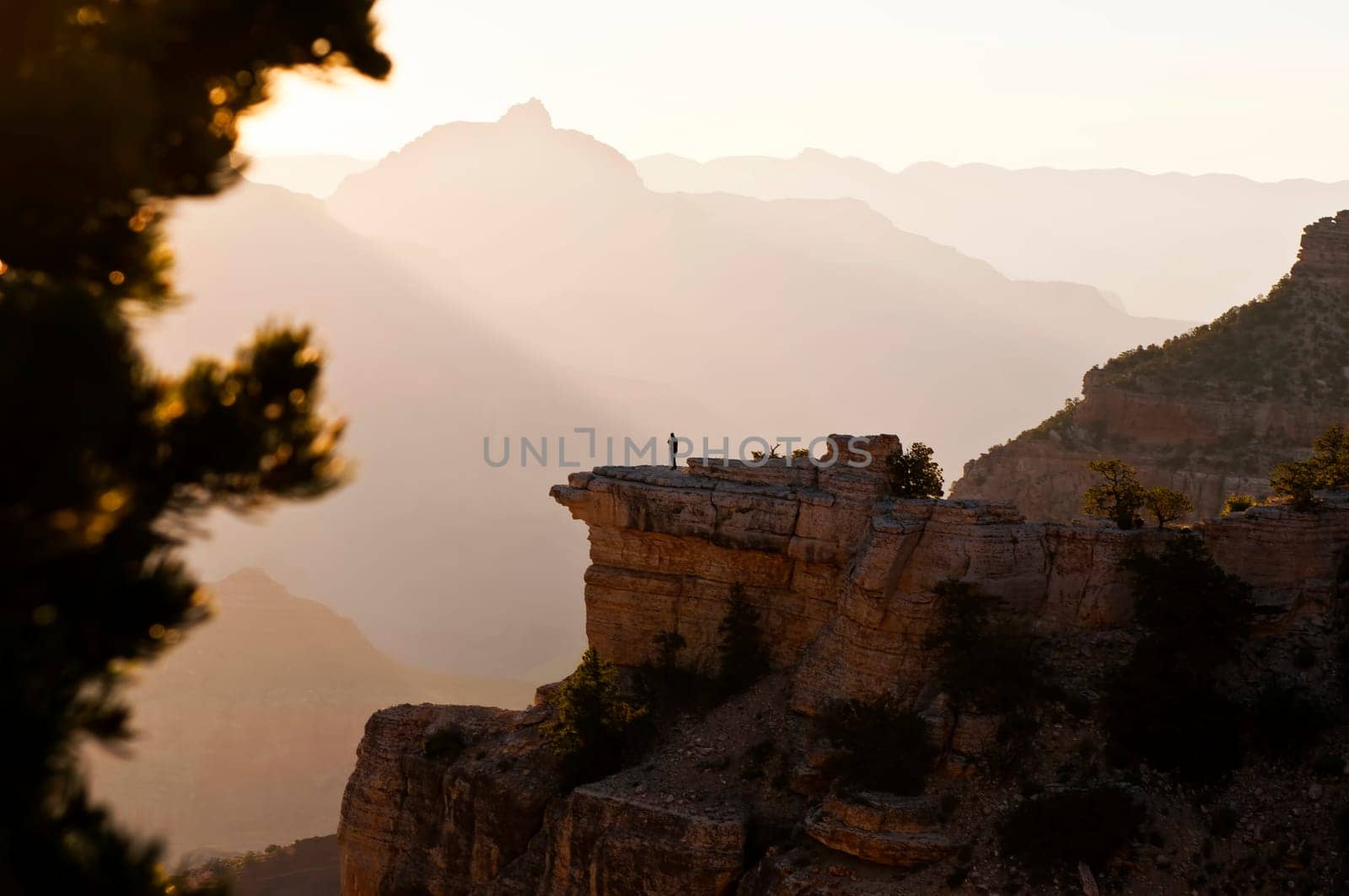Image of a lone person looking out over an early mornig view of the Grand Canyon