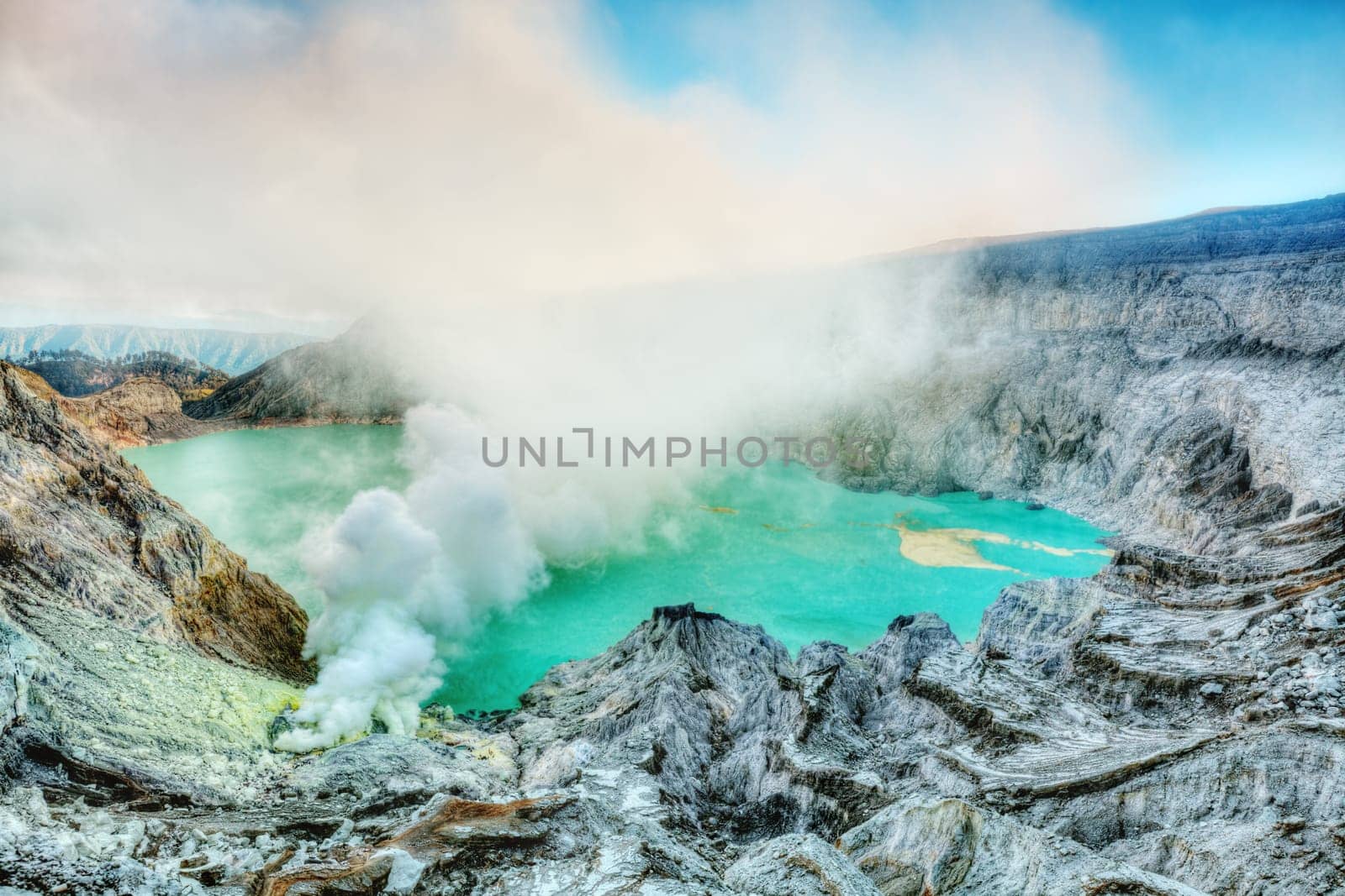 Crater of volcano Ijen at sunrise time. Java. Indonesia.