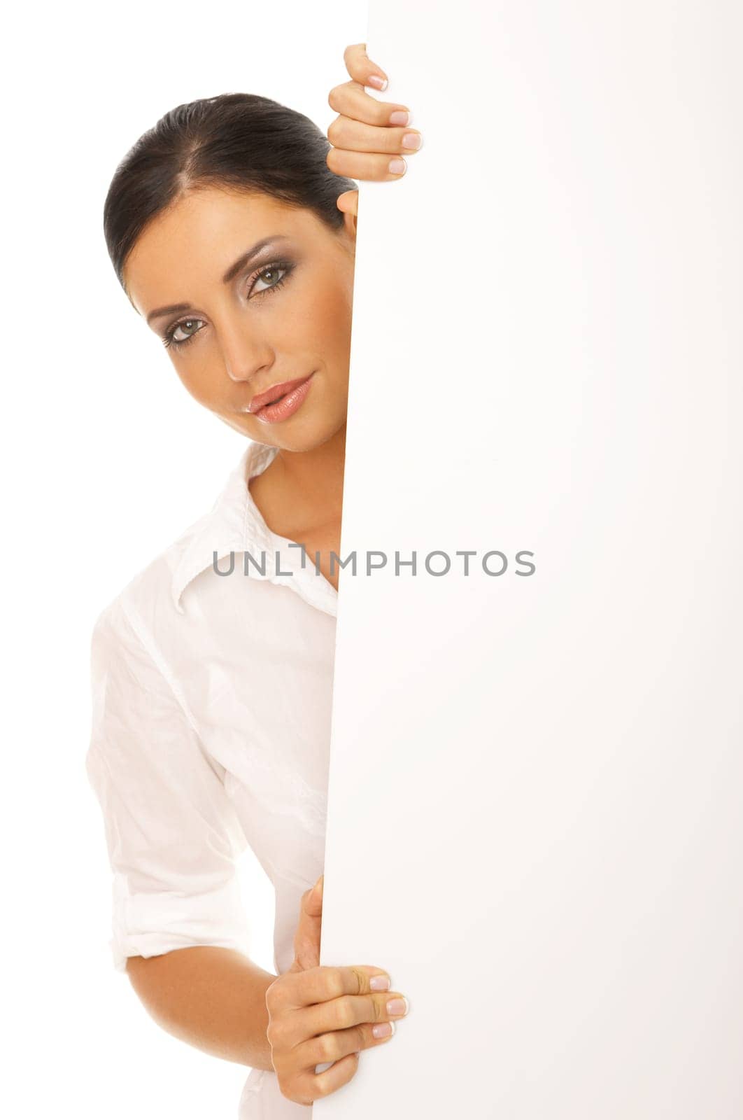 Beautiful business woman holding empty white board