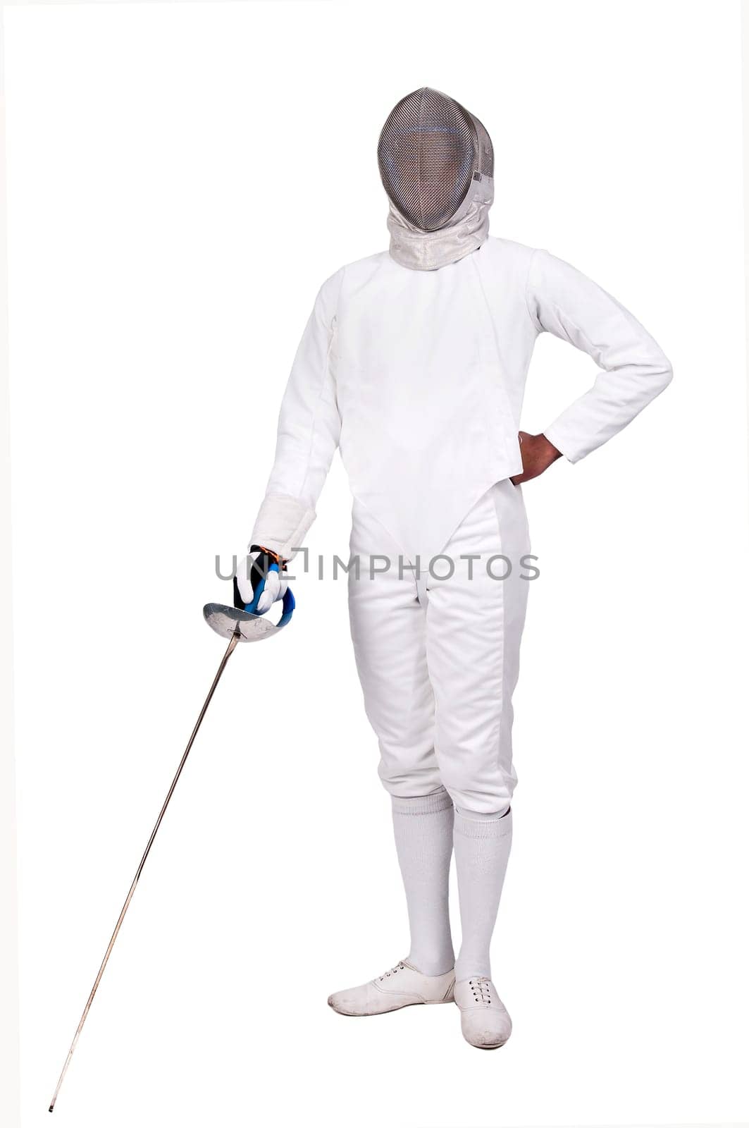 Male fencer isolated in white