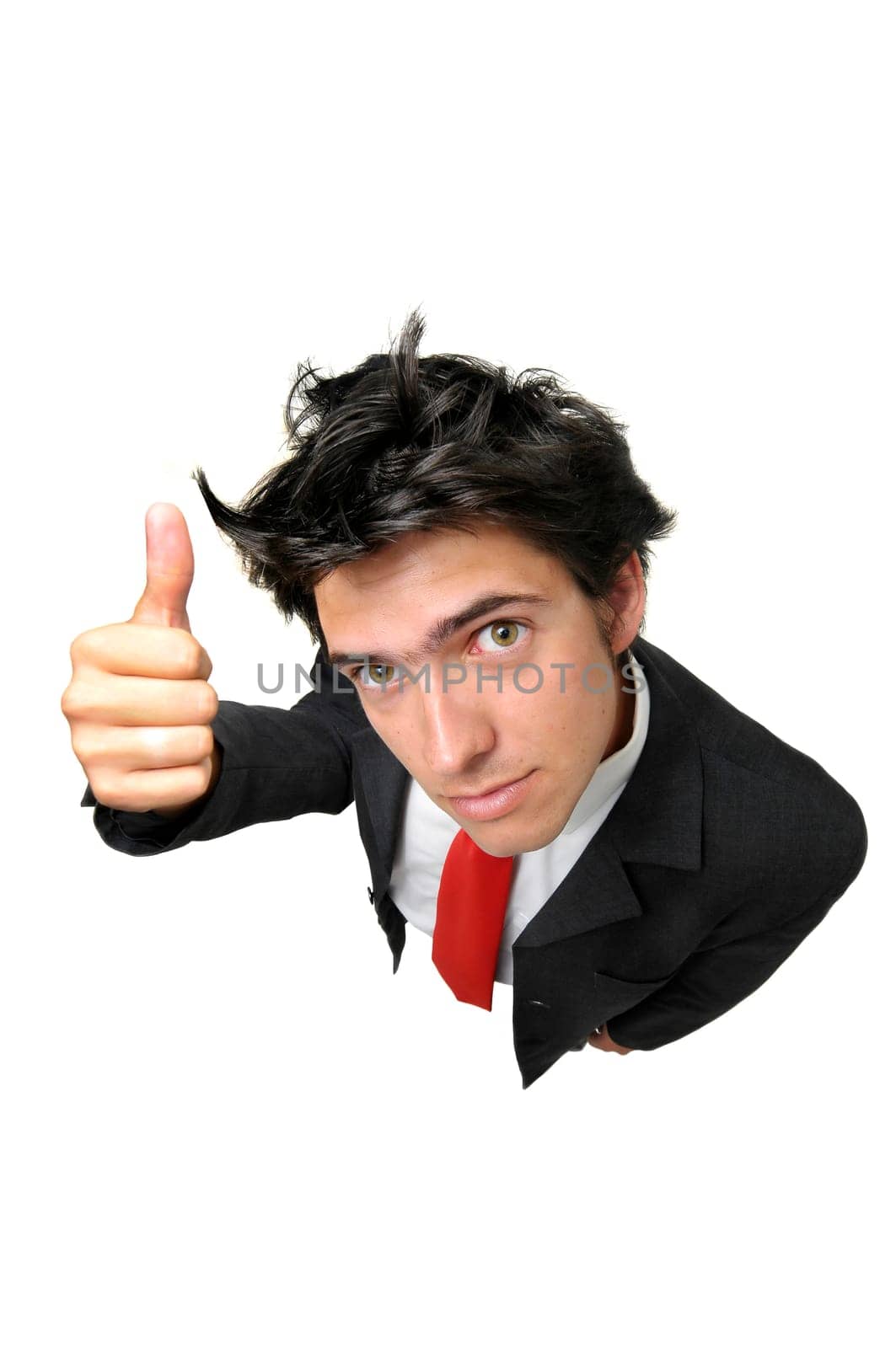 Young businessman isolated in white, viewed from above.