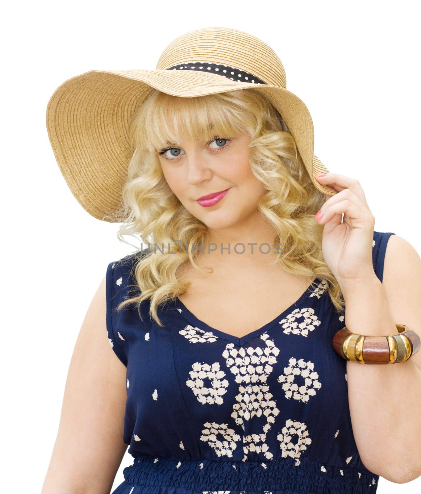 Beauty in the summer - Irish blonde woman wearing straw hat and flowery dress. Getting ready for summer vacations around the world. Isolated over white background.
