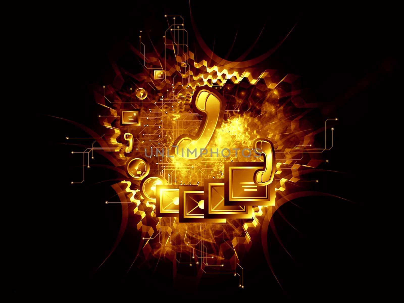 Abstract design made of communication symbols, gears and abstract design elements on the subject of global communications, messaging, information exchange and modern technologies