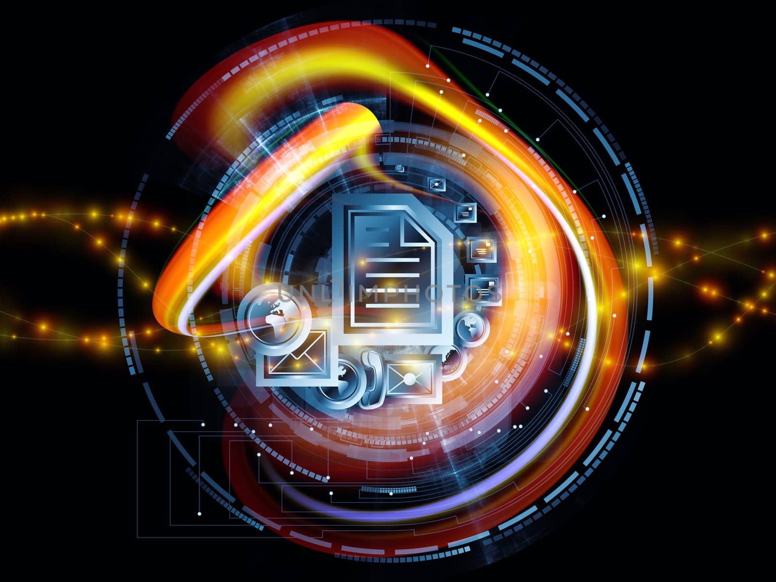 Composition of communication symbols,  messaging icons and technological design elements as a concept metaphor for global communications, messaging, information sharing and modern technologies