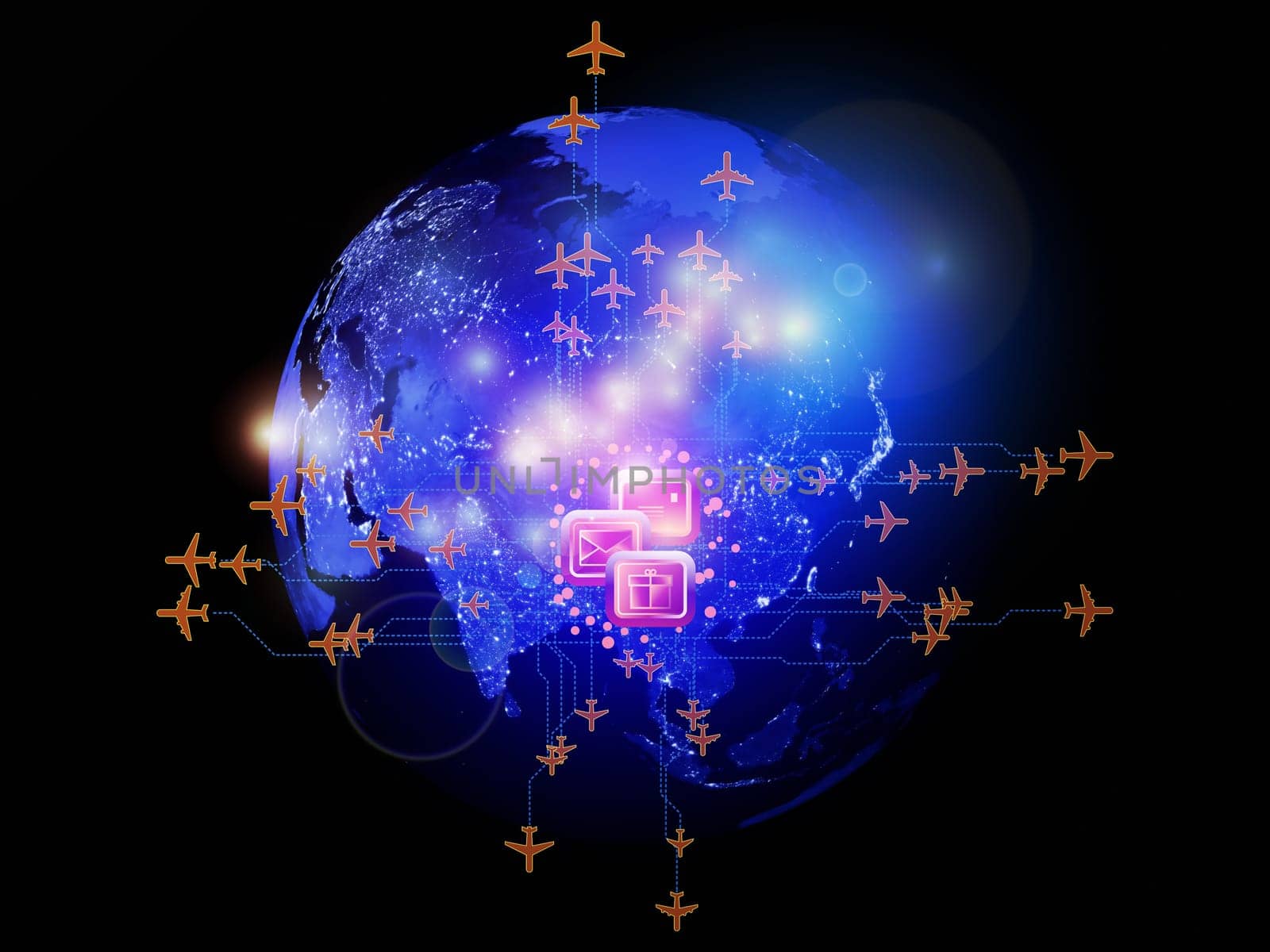 Rendering of city light map (courtesy of NASA), abstract lights and symbols on the subject of global transportation, travel, mail and shipping
