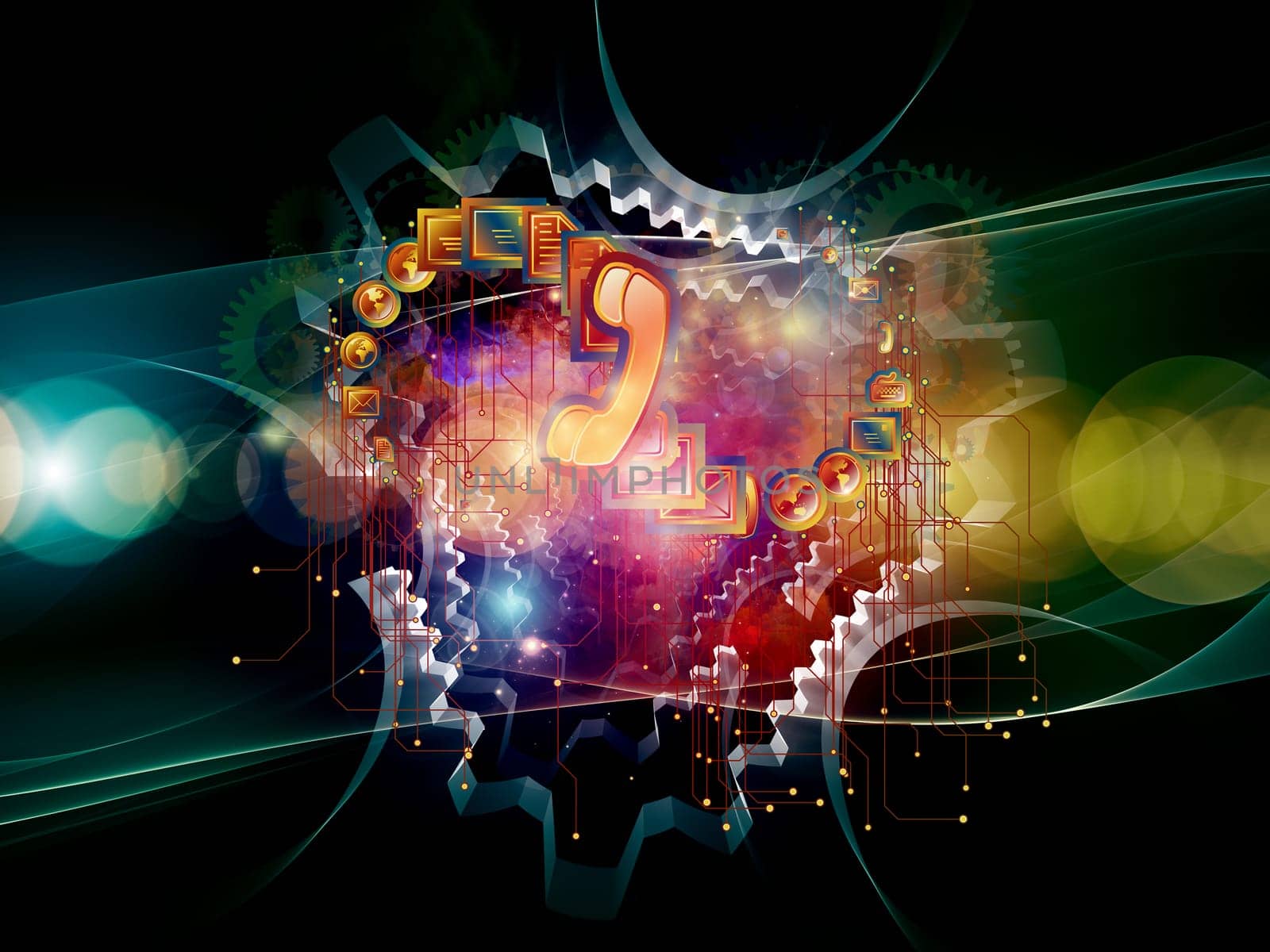 Arrangement of communication symbols, gears and abstract design elements on the subject of global communications, messaging, information exchange and modern technologies