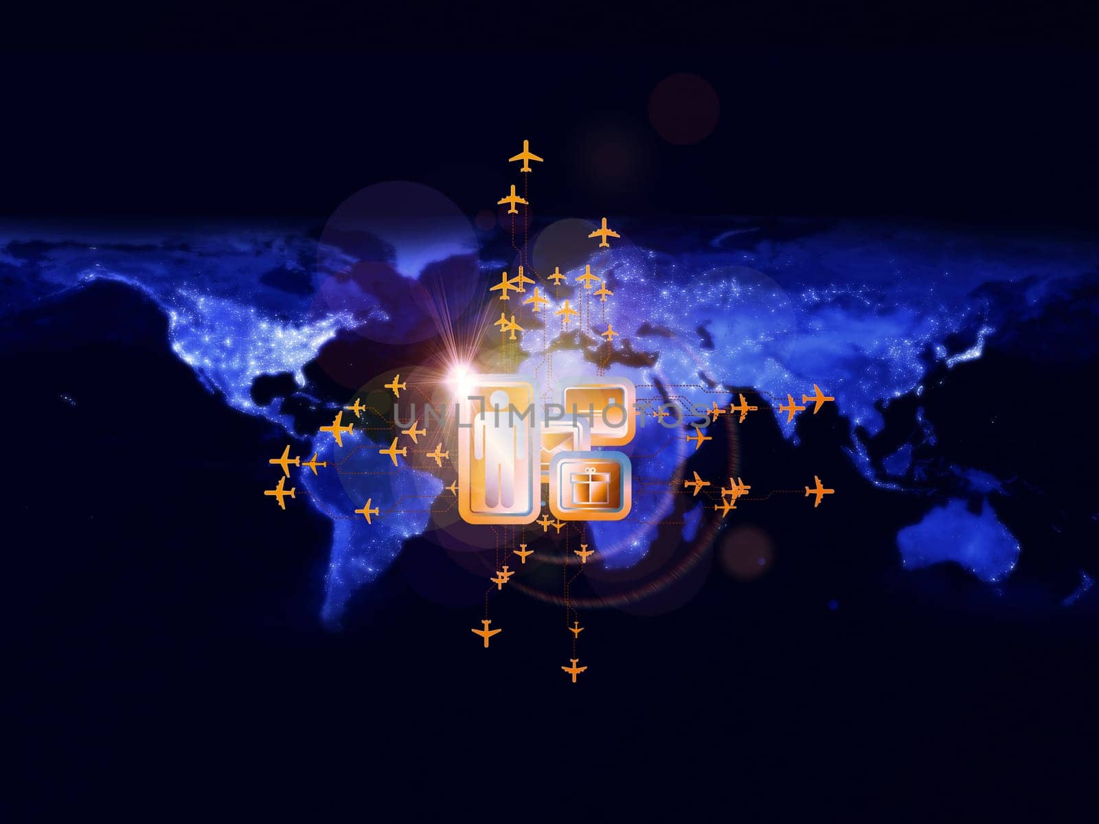 Rendering of city light map (courtesy of NASA), abstract lights and symbols on the subject of global transportation, travel, mail and shipping