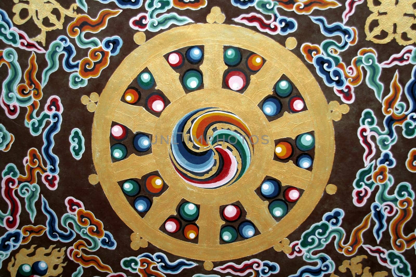 Painting on ceiling of Rumtek Monastery in Gangtok, Sikkim, India, Asia