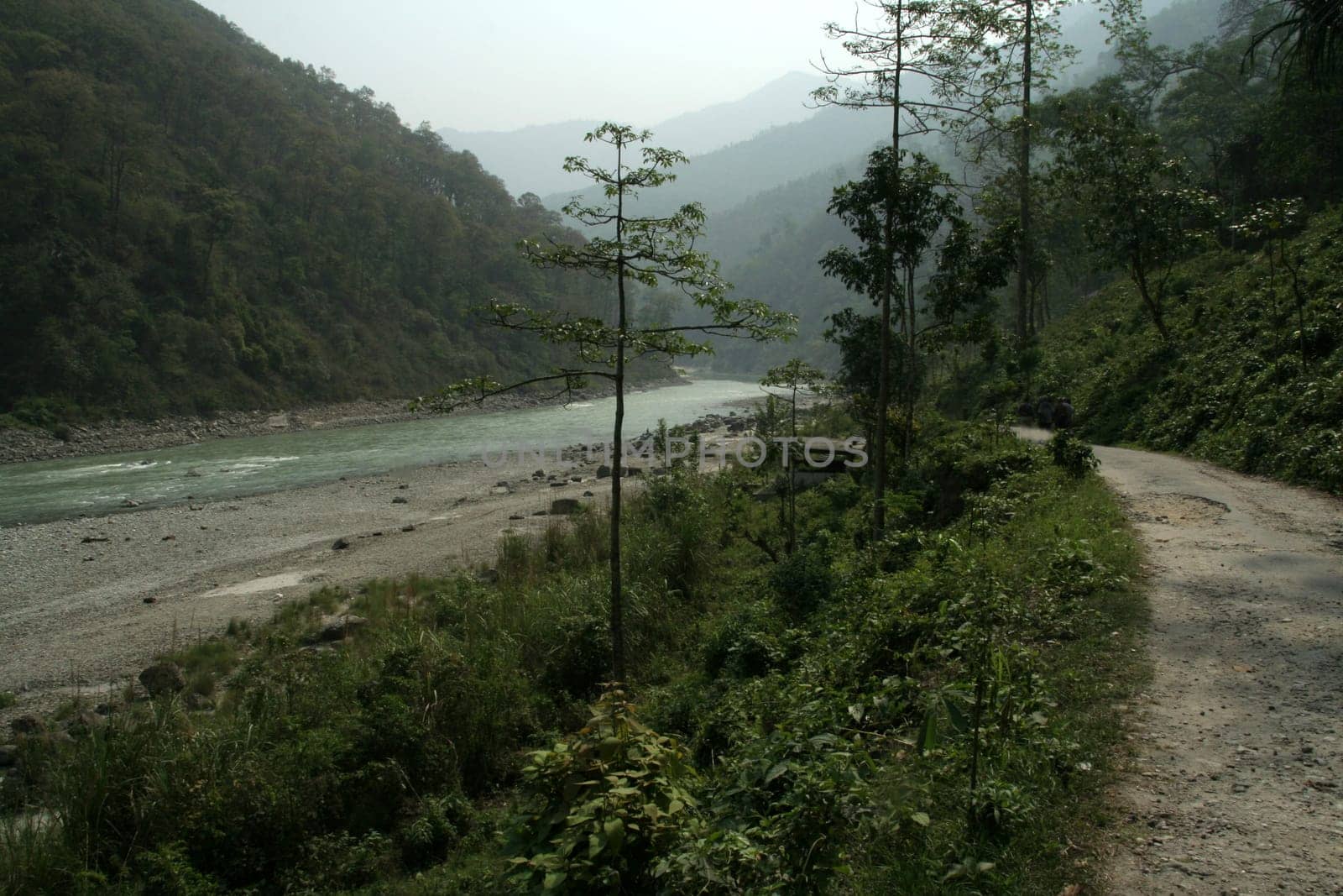 Road running parallel to river in mountain valley