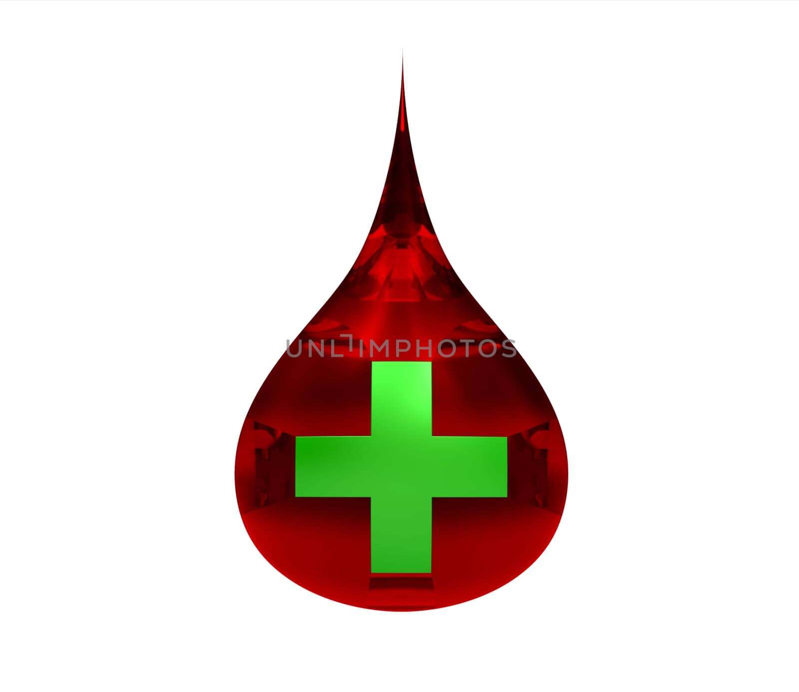 Blood drop with green cross isolated on white 3d render