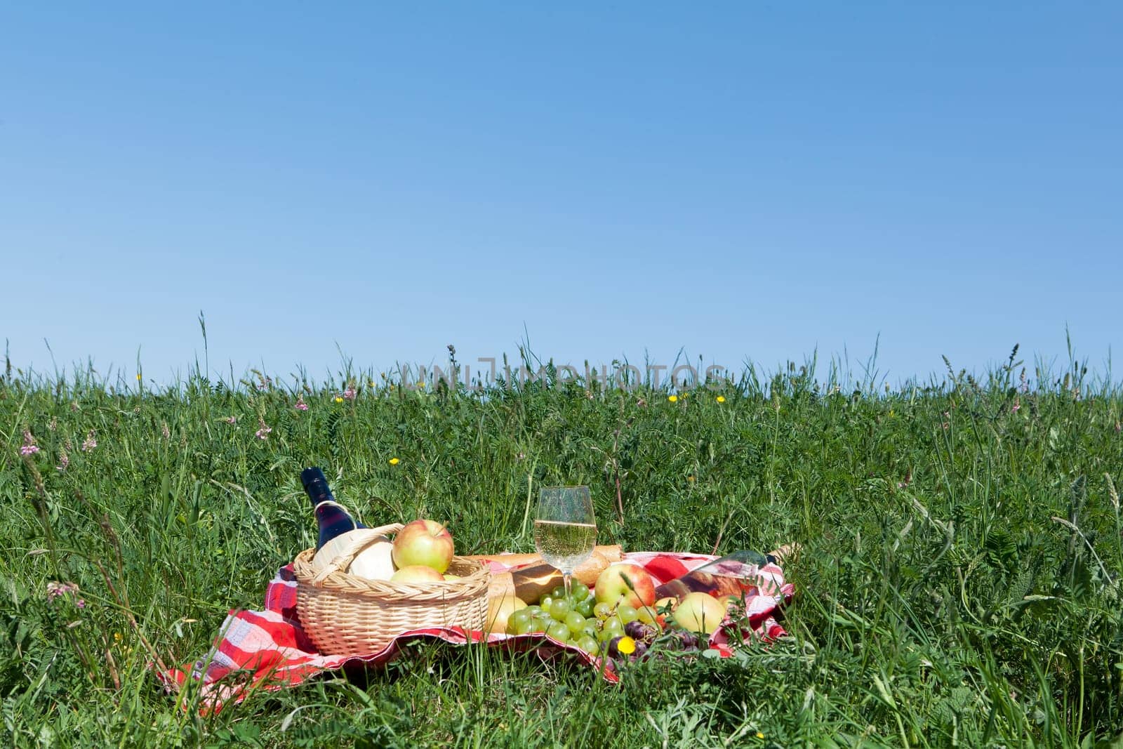 Outdoor picnic,tablecloth with snack on a meadow
