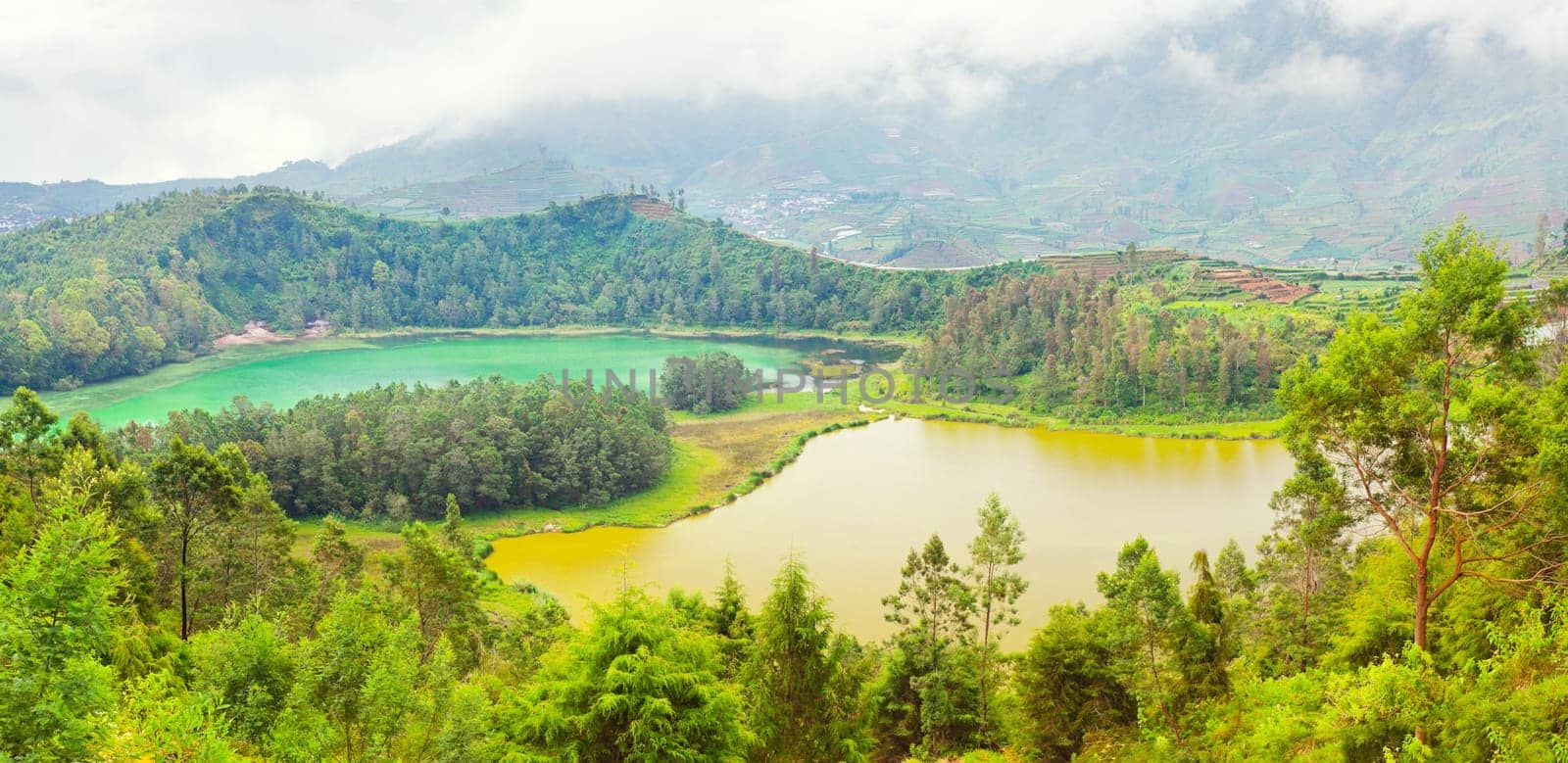 Lakes Telaga Warna and Cisaat at plateau Dieng
