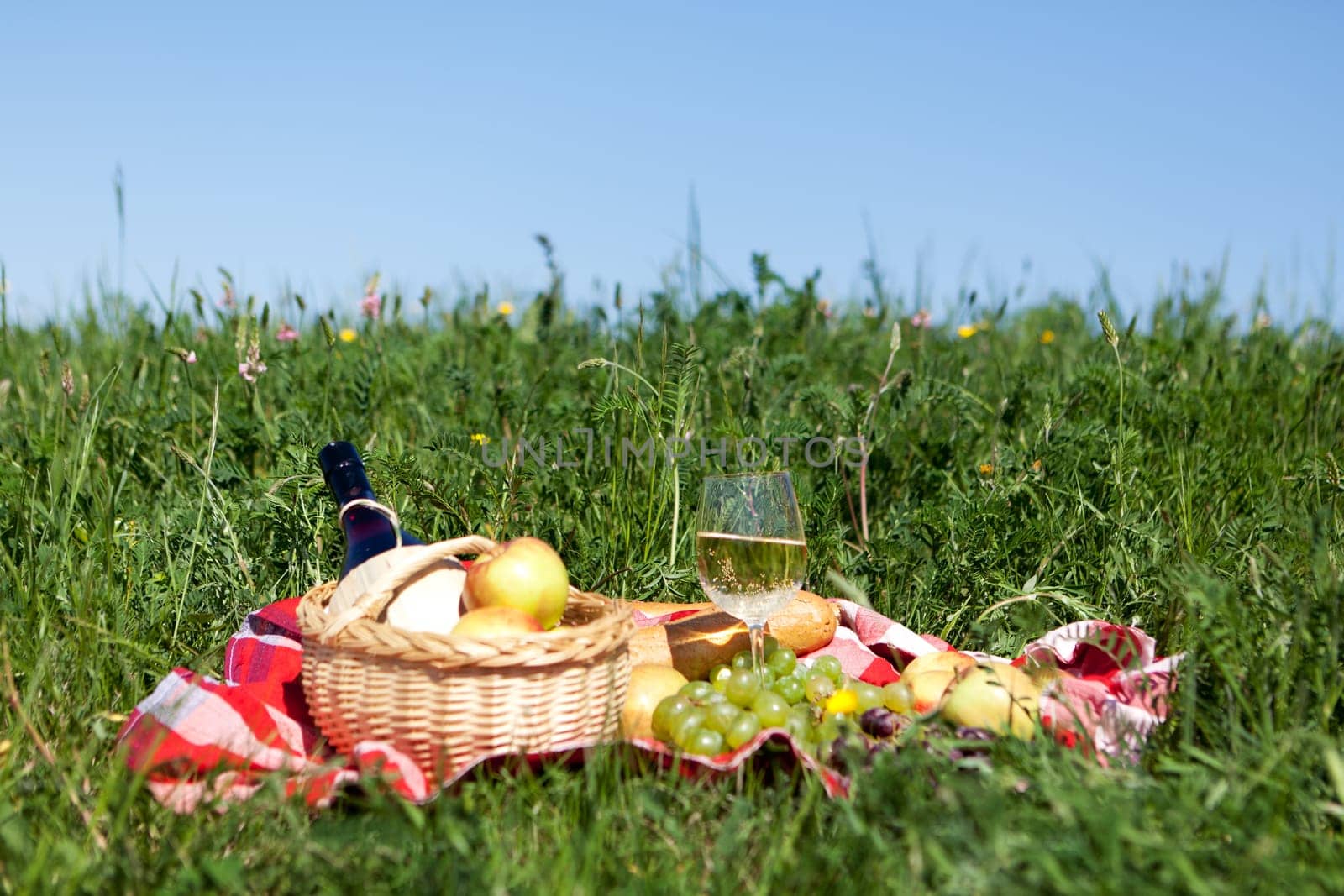 Outdoor picnic,tablecloth with snack on a meadow