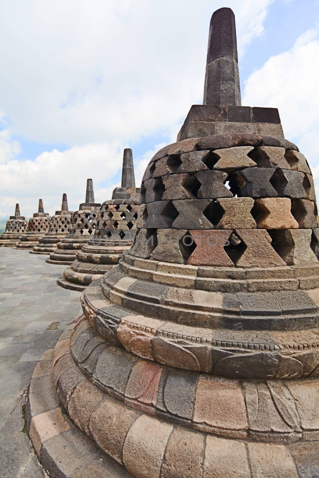 Stupas at Borobudur temple. Central Java. Indonesia