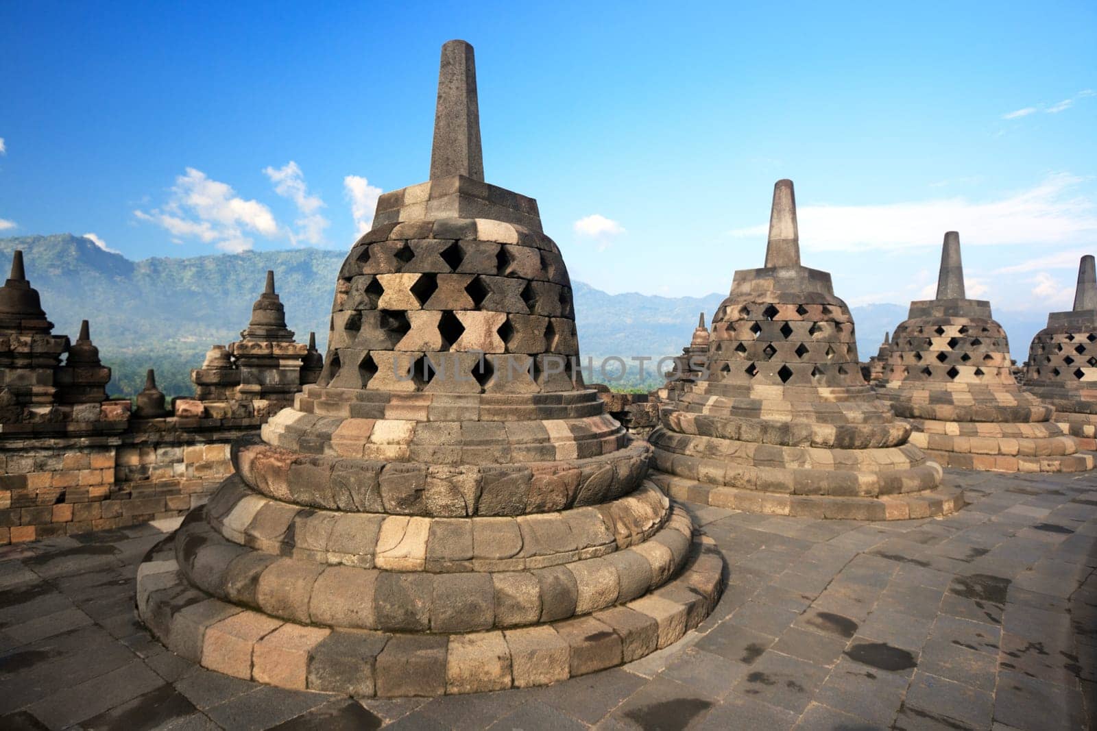 Stupas at Borobudur temple. Central Java. Indonesia