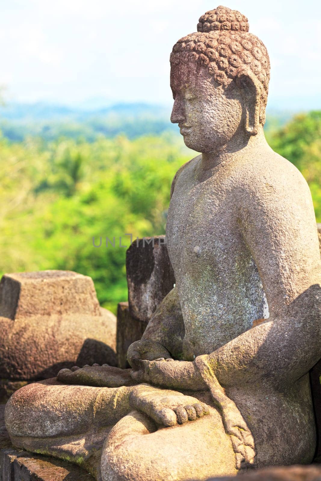 Buddha statue. Mountain on background. Borobudur. Java. Indonesia