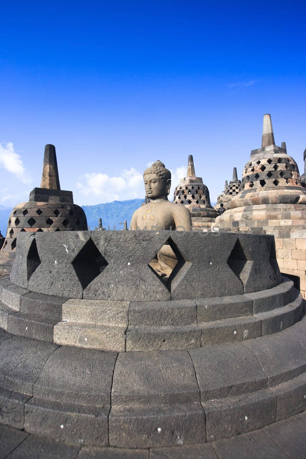 Buddha statue in stupa. Borobudur. Java. Indonesia