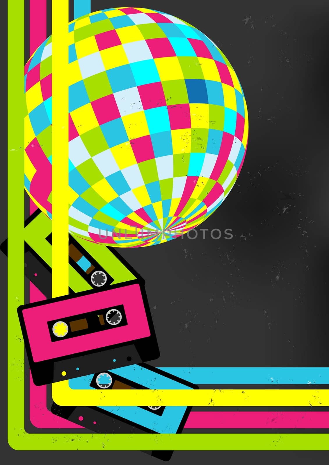 Retro Party Background - Retro Audio Cassette Tapes, Disco Ball and 80s Party Sign