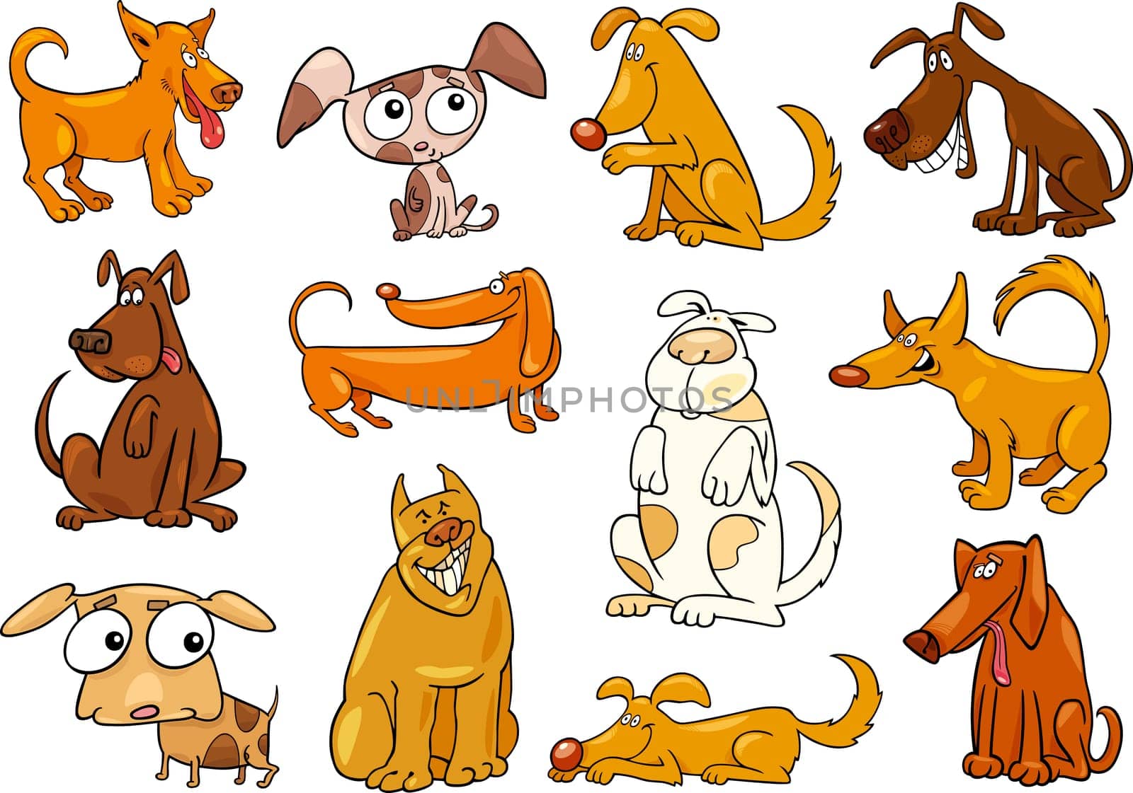 cartoon illustration of funny different dogs set
