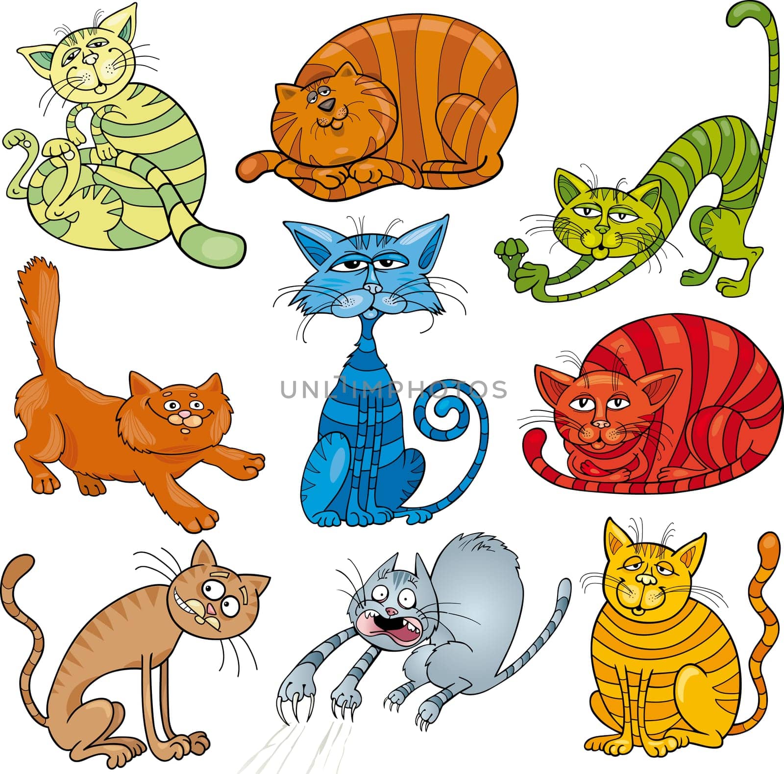cartoon illustration of funny nine cats set