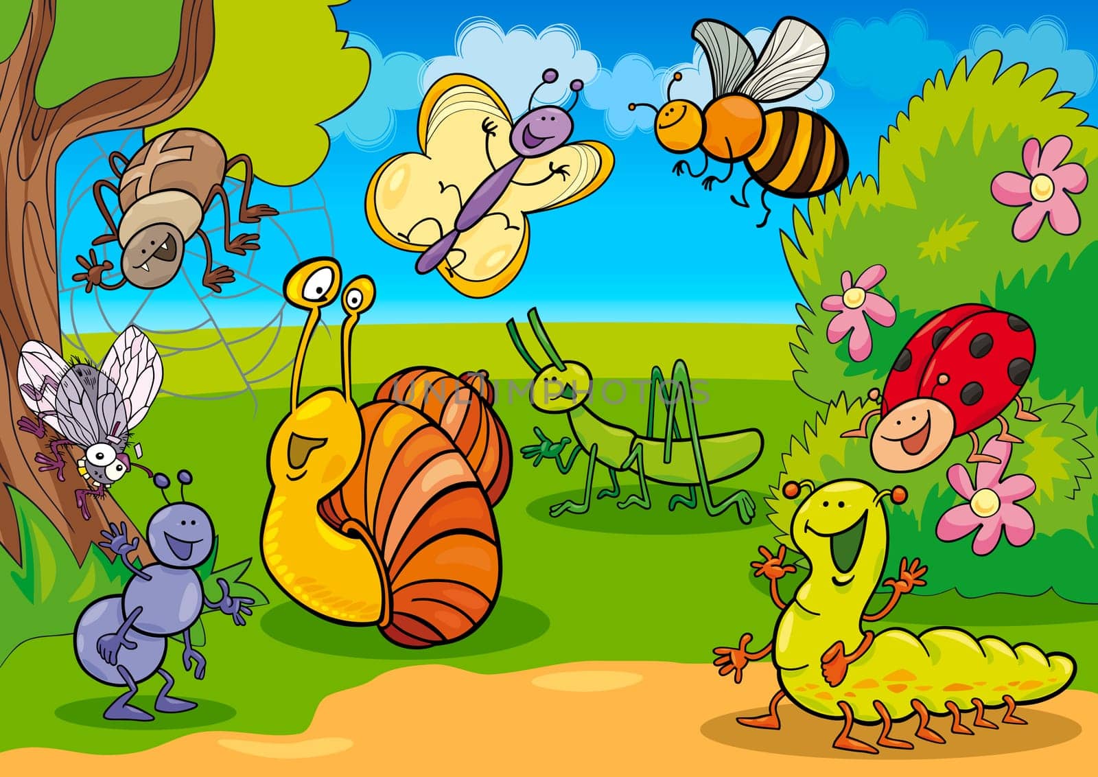 cartoon illustration of funny insects on the meadow