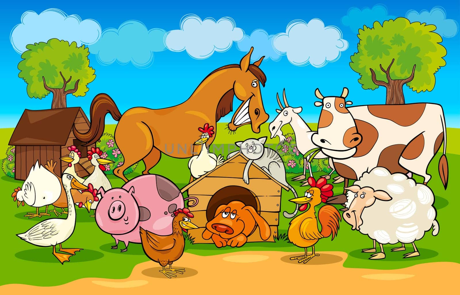 cartoon illustration of rural scene with farm animals group