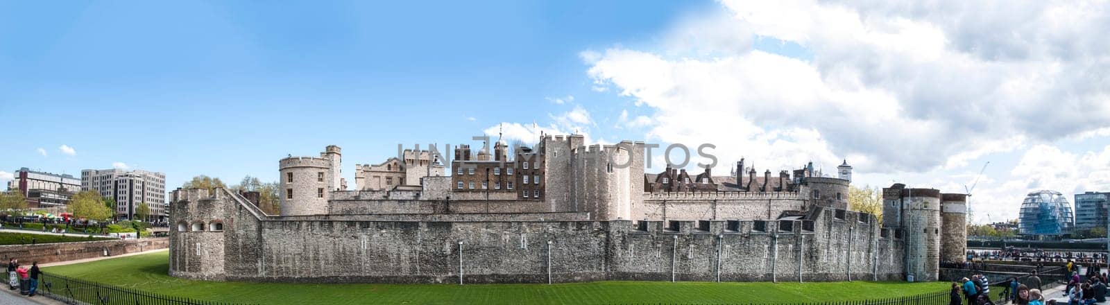 LONDON, UK - APRIL 30: Panoramic shot of the Tower of London. April 30, 2012 in London. The fortress dates back from the 1070s.