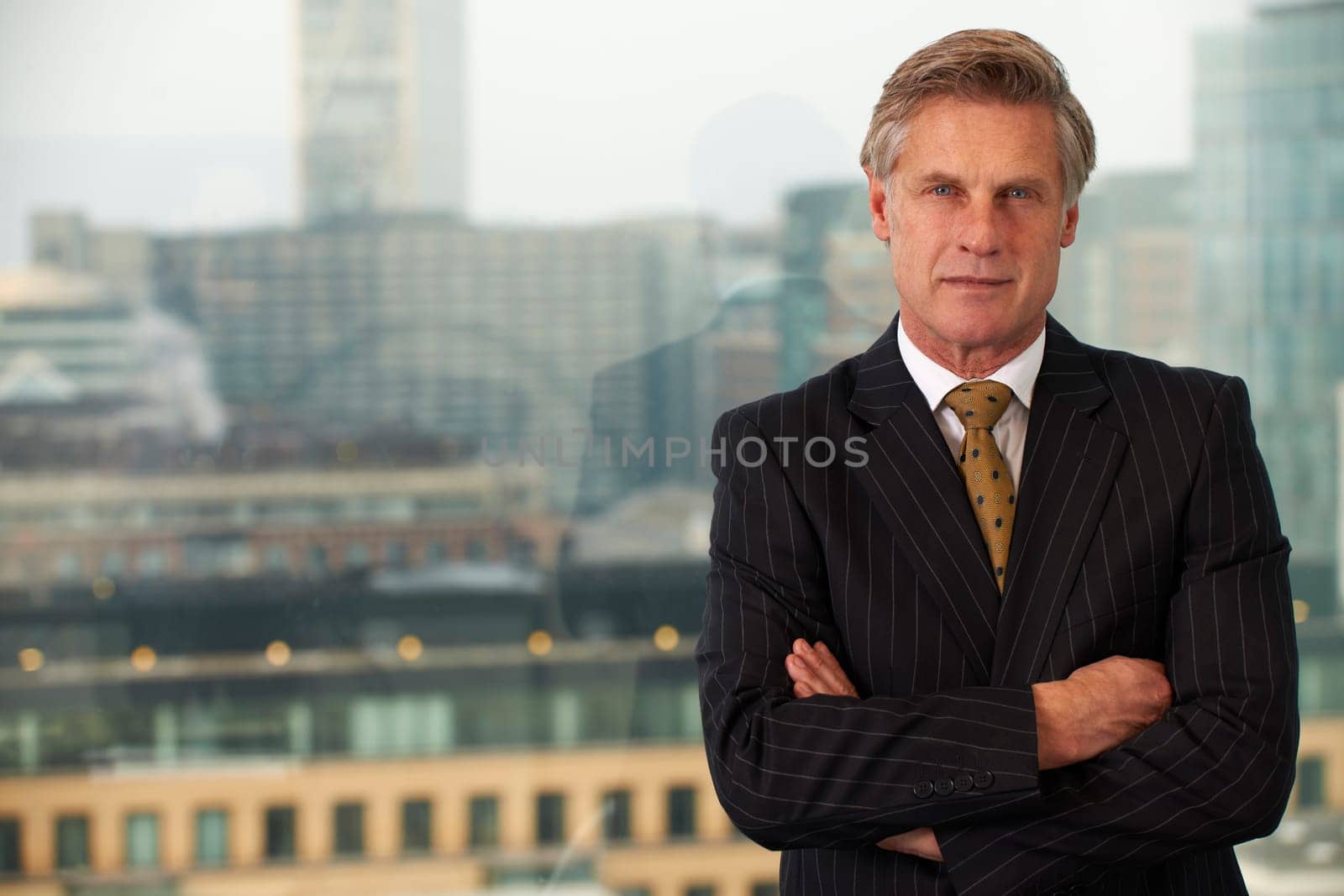 Portrait of a senior executive by a window smiling looking at camera with space for copy