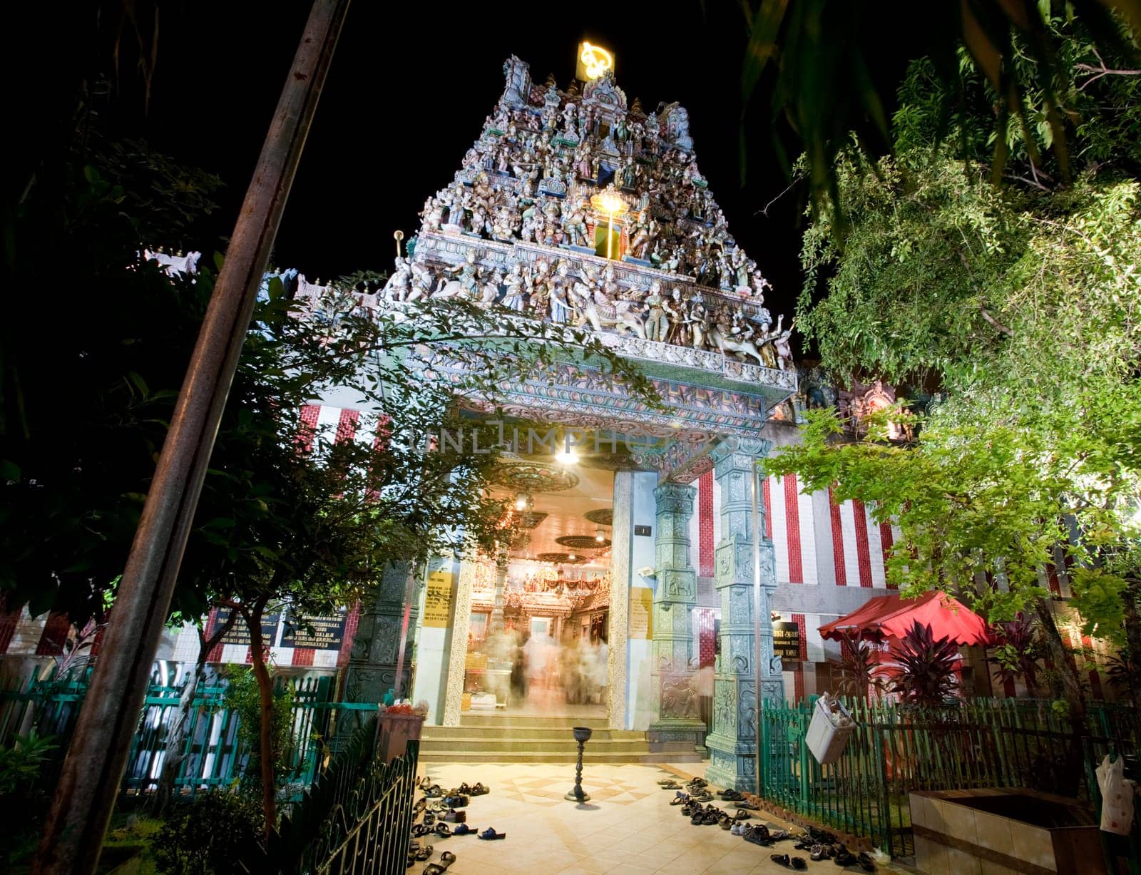 A night shot of a hindu temple in Singapore