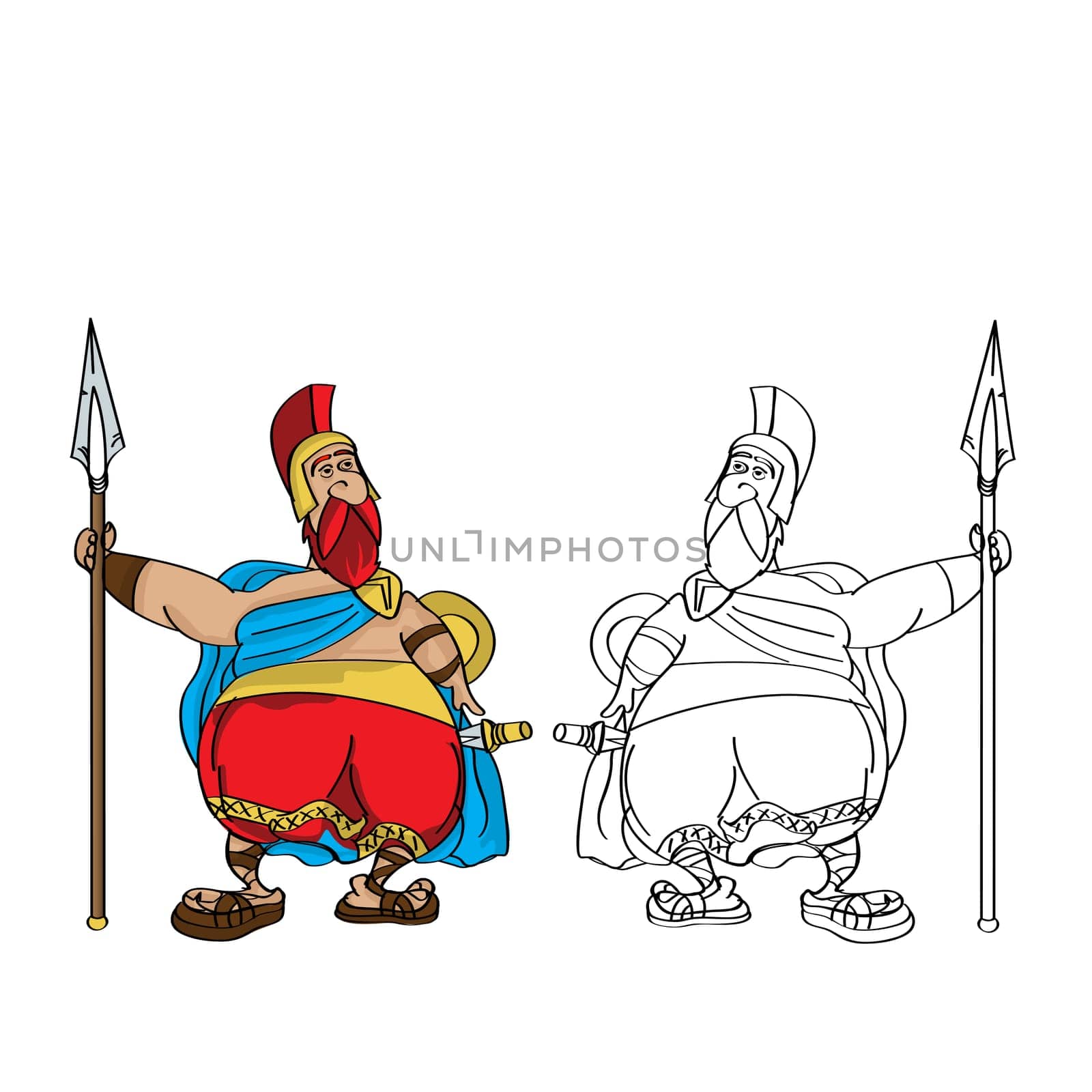 Cartoon drawing of a fat roman soldier and outline against white background